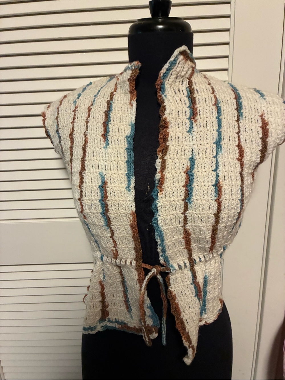 Cream Crochet Vest with Blue and Brown Stripes